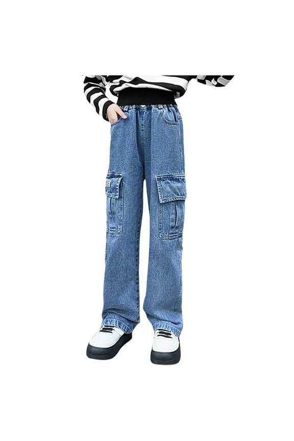 Girls' Leggings Girls Cargo Baggy Pants Elastic Waist Wide Leg Jeans Casual Demin Pants With Pockets Womens Chinos