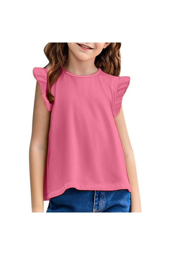 Girls Shirts Kids Girls Basic Ruffle Sleeve Cute T Shirt Tunic Tank Tops Crewneck Blouse Crop Tops for Kids 9-10 Girls