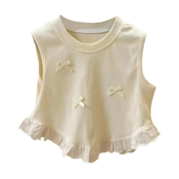 Tanghaowl Girls Shirts Spring/summer Girls Bow Short Vest Style Baby Lace Lace Patchwork Sleeveless Top Trend Girls Dress Shirt