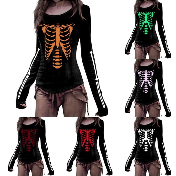 Yuhangmm Halloween Tshirts Women Halloween Skeleton Printed T Shirt with Cool Skeleton Design for Holiday Wear Orange XL