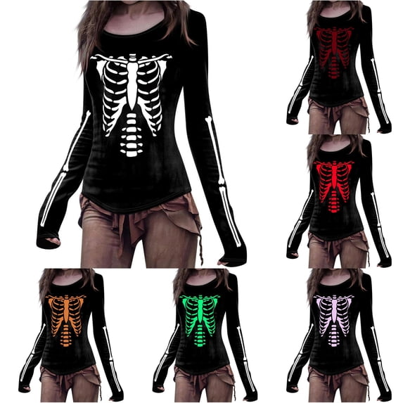 Yuhangmm Halloween Tshirts Women Halloween Skeleton Printed T Shirt with Cool Skeleton Design for Holiday Wear White L
