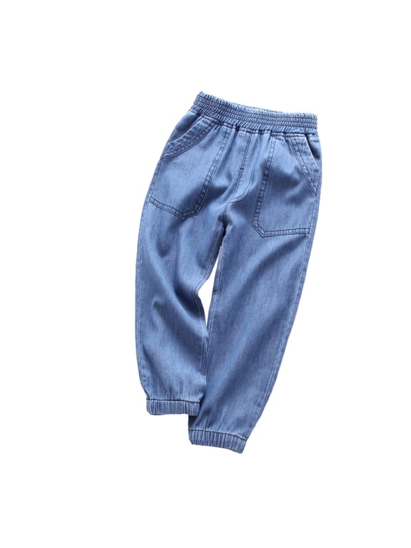 Kids Boys Denim Jeans Pants Tapered Leg Solid Color Casual Trousers Slim Fit Cargo Joggers Toddler Boys Set