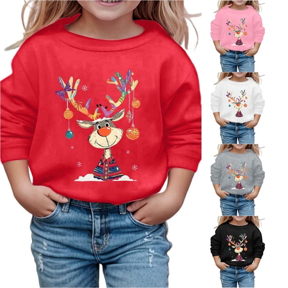 Tanghaowl Kids Hoodies Print Girls Long Sleeve Crewneck Sweatshirt Soft Casual Pullover Top for Holiday Season Christmas Style Red 6-7 Years