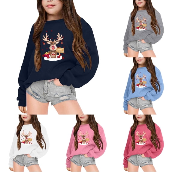 Tanghaowl Kids Sweatshirts Children Autumn Winter Long Sleeved Christmas Printed Crewneck Hoodie for Boys and Girls Plus Warm Coat Navy 6-7 Years