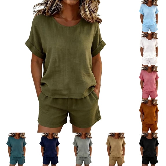 Tanghaowl Short Sets for Women, Casual Short Sleeve Round Neck Top And Shorts Pure Color Blend Two Piece Outfit for Everyday Leisure Women Army Green S