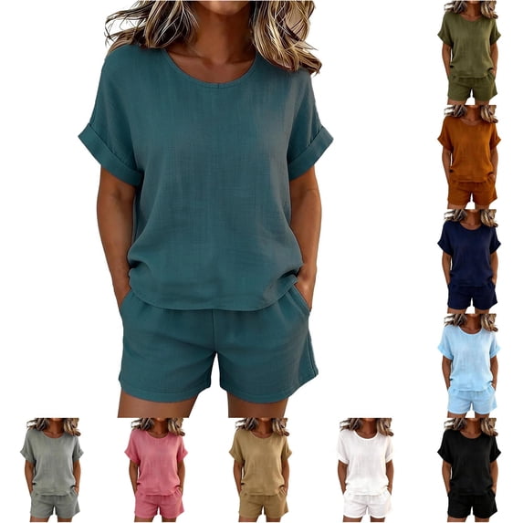 Tanghaowl Short Sets for Women, Casual Short Sleeve Round Neck Top And Shorts Pure Color Blend Two Piece Outfit for Everyday Leisure Women Dark Blue S