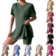 thumbnail image 1 of Tanghaowl Short Sets for Women, Women Casual Solid Round Neck Short Sleeve Summer High Slit Top Shirt Shorts Set Women's Shorts Suit 2 Piece Matching Set Green XL, 1 of 7