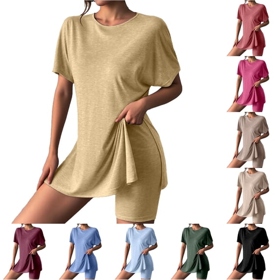 Tanghaowl Short Sets for Women, Women Casual Solid Round Neck Short Sleeve Summer High Slit Top Shirt Shorts Set Women's Shorts Suit 2 Piece Matching Set Khaki XL