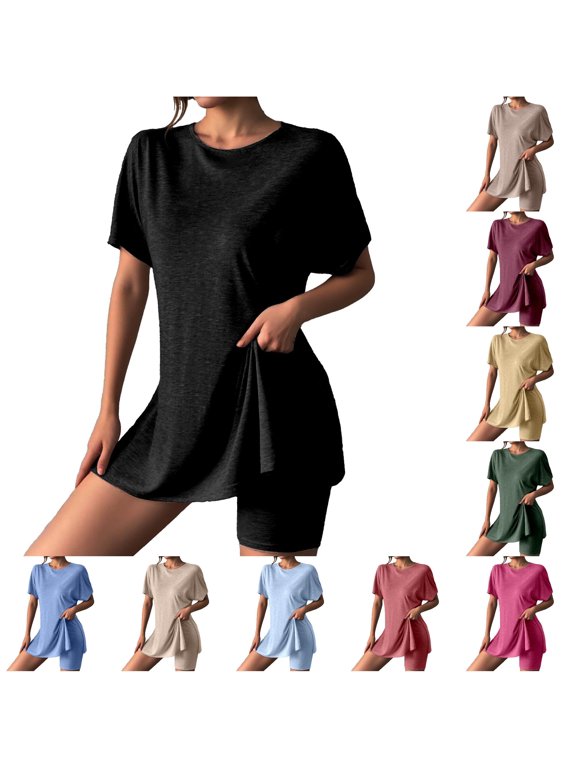 Short Sets for Women, Women Casual Solid Round Neck Short Sleeve Summer High Slit Top Shirt Shorts Set Women's Shorts Suit 2 Piece Matching Set Black L