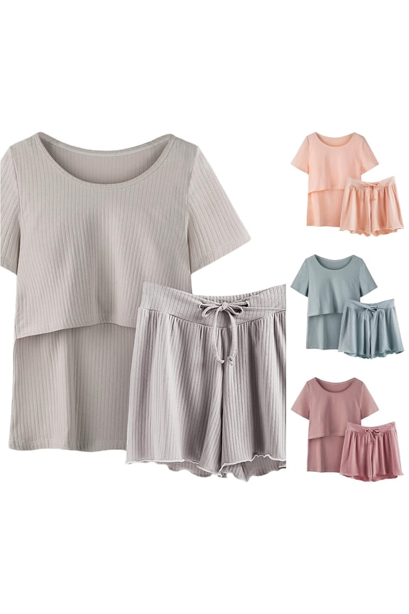 Short Sets for Women, Women Pajamas Sleepwear Nursing Shirt Set Baby Maternity Top Shorts Bottoms With Robe Comfortable Breastfeeding Outfit Grey L