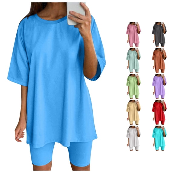 Tanghaowl Short Sets for Women, Womens Two Piece Outfits Short Sleeve Tops Running Yoga Sport Sets Activewear Summer Athletic Training Gym Shorts Suit Blue L