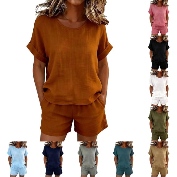 Tanghaowl Short Sets for Women, Casual Short Sleeve Round Neck Top And Shorts Pure Color Blend Two Piece Outfit for Everyday Leisure Women Brown XL