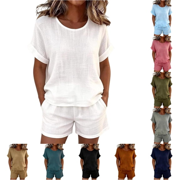 Tanghaowl Short Sets for Women, Casual Short Sleeve Round Neck Top And Shorts Pure Color Blend Two Piece Outfit for Everyday Leisure Women White XL