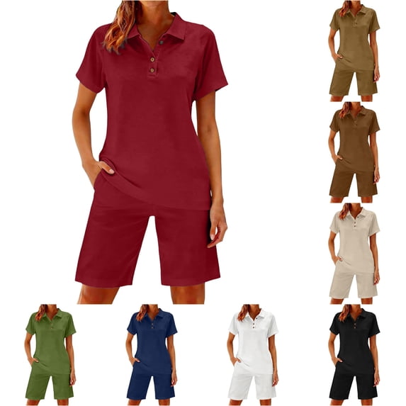 Tanghaowl Short Sets for Women, Women Casual Summer Shorts Suit Two Piece Outfit With Comfortable Top And Stylish Bottoms Wine S