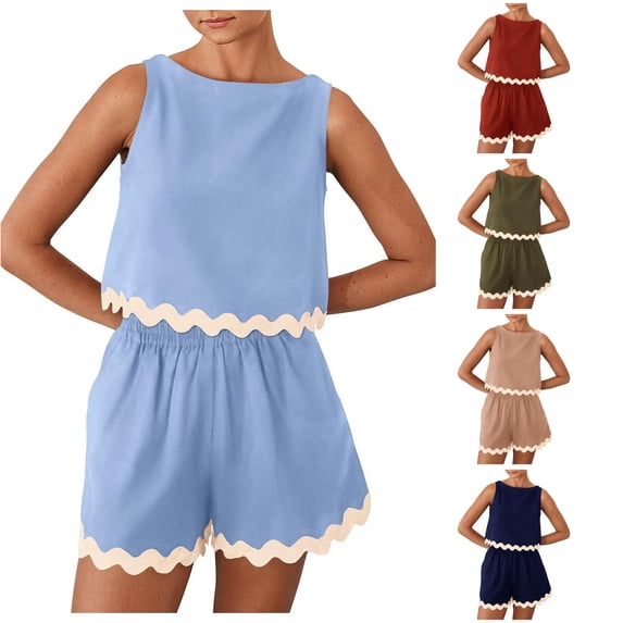 Tanghaowl Short Sets for Women, Women's 2 Piece Beach Outfits Casual Cropped Tank Top High Waist Shorts Set Tracksuit Blue XXL