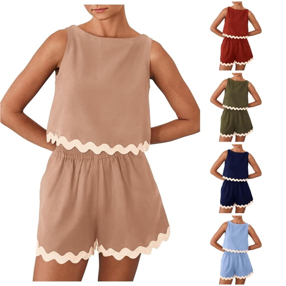 Tanghaowl Short Sets for Women, Women's 2 Piece Beach Outfits Casual Cropped Tank Top High Waist Shorts Set Tracksuit Khaki M