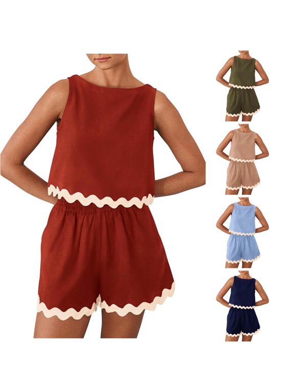 Short Sets for Women, Women's 2 Piece Beach Outfits Casual Cropped Tank Top High Waist Shorts Set Tracksuit XXL