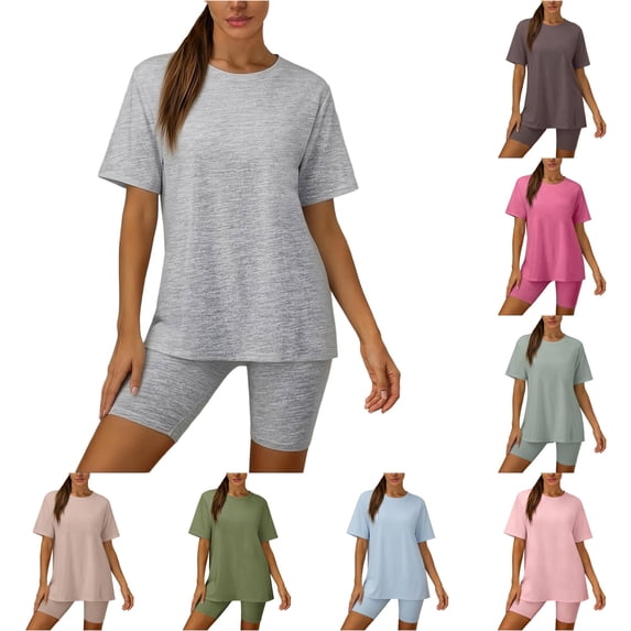 Tanghaowl Short Sets for Women, Womens Two Piece Outfits Short Sleeve Tops Short Pants Running Yoga Sport Sets Grey XXL