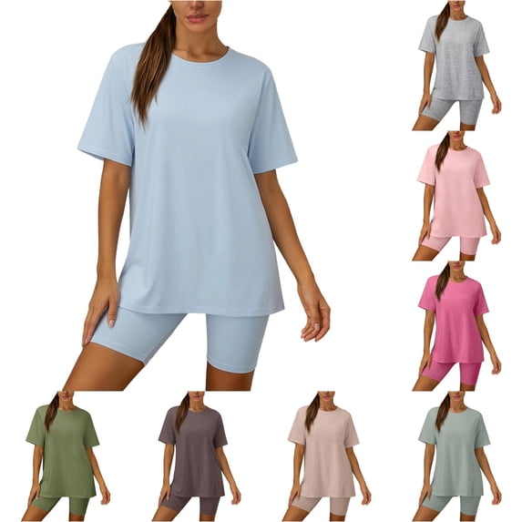 Tanghaowl Short Sets for Women, Womens Two Piece Outfits Short Sleeve Tops Short Pants Running Yoga Sport Sets Light Blue L