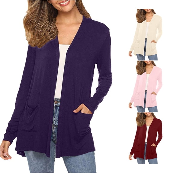 Tanghaowl Summer Cardigan Women's Long Sleeve Open Front Casual Cardigan Lightweight Knit Sweater With Pockets Dark Purple XXL
