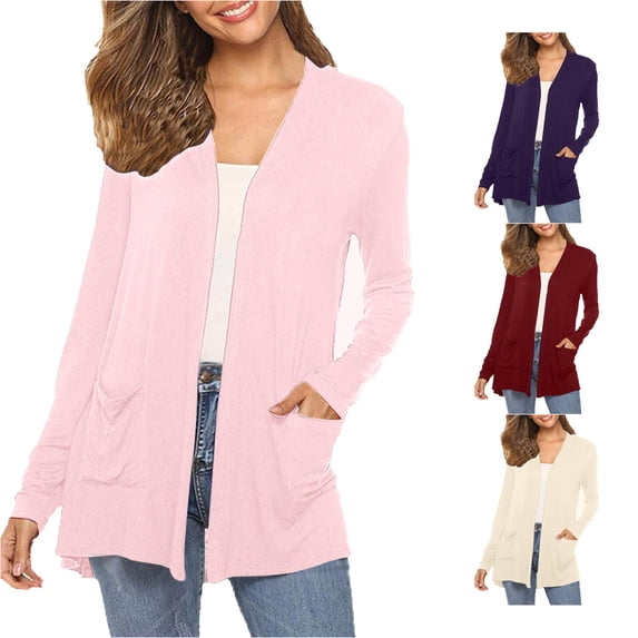 Tanghaowl Summer Cardigan Women's Long Sleeve Open Front Casual Cardigan Lightweight Knit Sweater With Pockets Pink XL