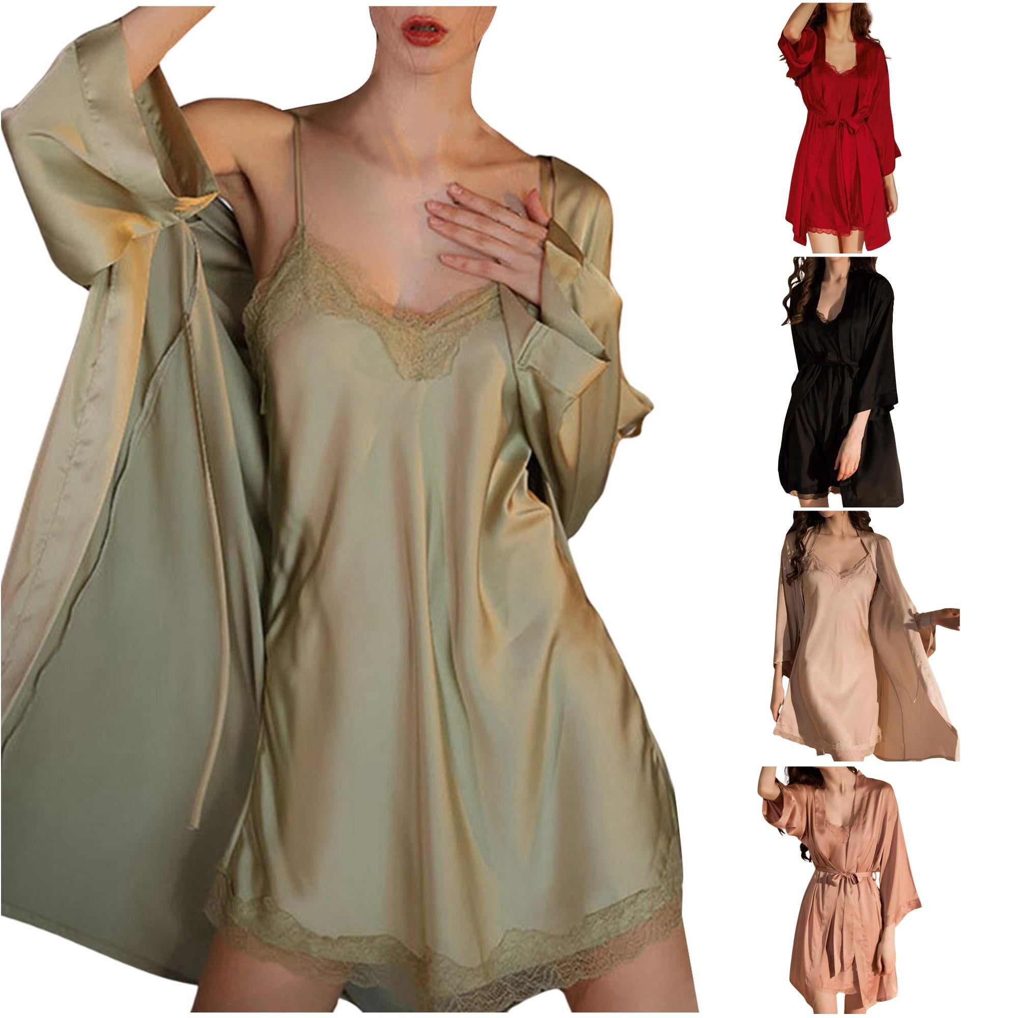 amazon night dress for ladies Tanghaowl Summer Pajamas Women, Women Satin Sleepwear Set Two Piece Short Nightdress With Lace Trim Dressing Gown Bathrobe Negligee Army Green L short sleeping dress