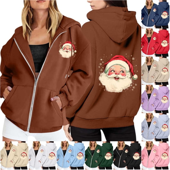 Tanghaowl Sweatshirts for Women Loose Fit Ladies Christmas Printed Zipper Long Sleeved Pocket Drawstring Casual Hooded Sweatshirt with Pockets Brown M