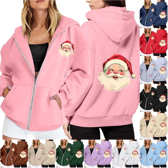 Tanghaowl Sweatshirts for Women Loose Fit Ladies Christmas Printed Zipper Long Sleeved Pocket Drawstring Casual Hooded Sweatshirt with Pockets Pink XXXL