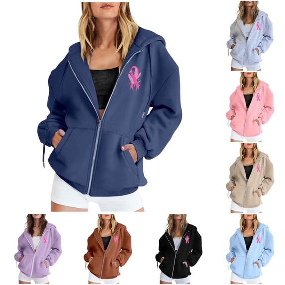 Tanghaowl Sweatshirts for Women Loose Fit Autumn Winter Print Zipper Long Sleeve Pocket Drawstring Casual Sports Hooded Sweatshirt Blue XXL
