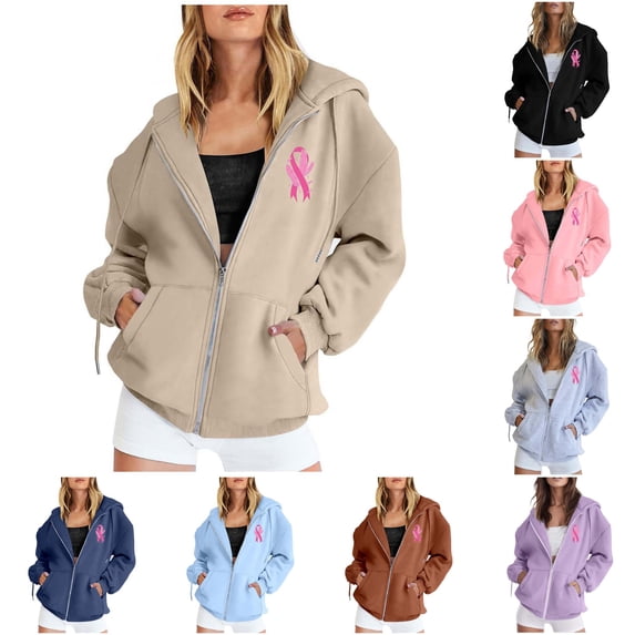 Tanghaowl Sweatshirts for Women Loose Fit Autumn Winter Print Zipper Long Sleeve Pocket Drawstring Casual Sports Hooded Sweatshirt Khaki XXXL