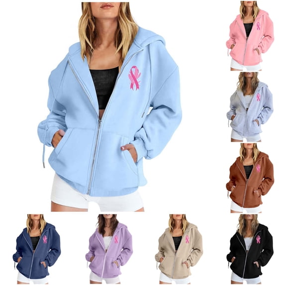 Tanghaowl Sweatshirts for Women Loose Fit Autumn Winter Print Zipper Long Sleeve Pocket Drawstring Casual Sports Hooded Sweatshirt Sky Blue S