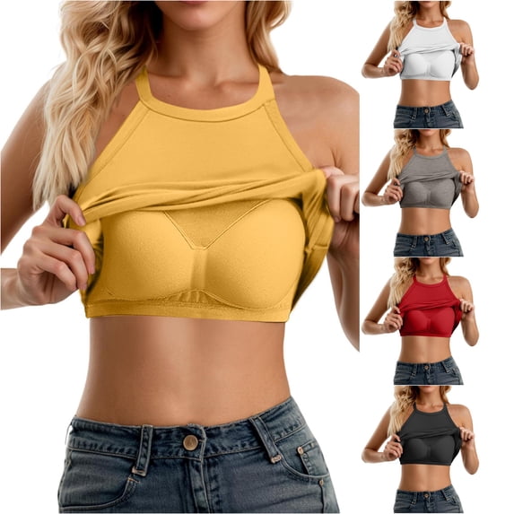 Tanghaowl Tank Tops for Women, Women's Adjustable Spaghetti Strap Shelf Bra Camisole Basic Layer Tank Tops Built-in Double Lined Racerback Workout Shapewear Yellow One Size