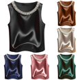 thumbnail image 1 of Tanghaowl Tank Tops for Women, Elegant Solid Satin Women Tank Top With Pearl Round Neckline Sleeveless Camisole For Everyday Summer Style Black L, 1 of 5