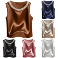 thumbnail image 1 of Tanghaowl Tank Tops for Women, Elegant Solid Satin Women Tank Top With Pearl Round Neckline Sleeveless Camisole For Everyday Summer Style Brown M, 1 of 5