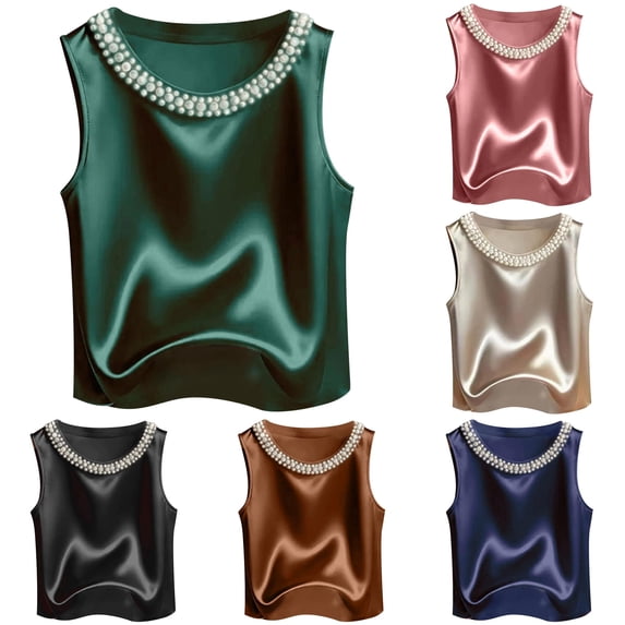 Tanghaowl Tank Tops for Women, Elegant Solid Satin Women Tank Top With Pearl Round Neckline Sleeveless Camisole For Everyday Summer Style Green XXL