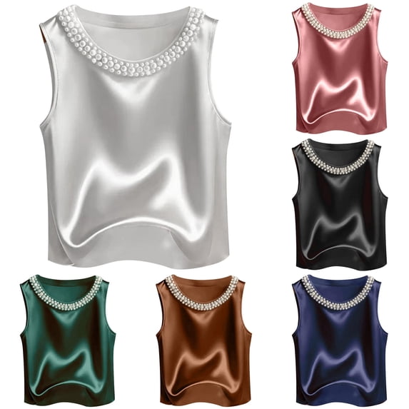 Tanghaowl Tank Tops for Women, Elegant Solid Satin Women Tank Top With Pearl Round Neckline Sleeveless Camisole For Everyday Summer Style White XXL