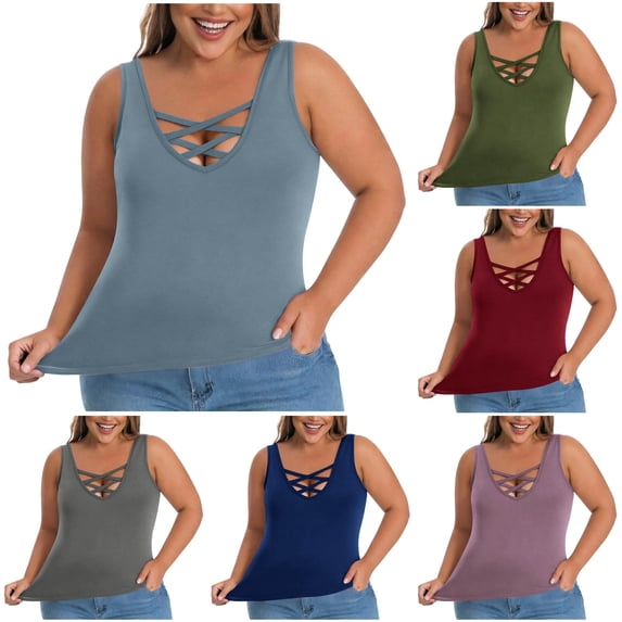 Tanghaowl Tank Tops for Women, Plus Size Tank Top With Built In Bra Wide Straps Support Comfort Summer Casual Wear Light Blue XL