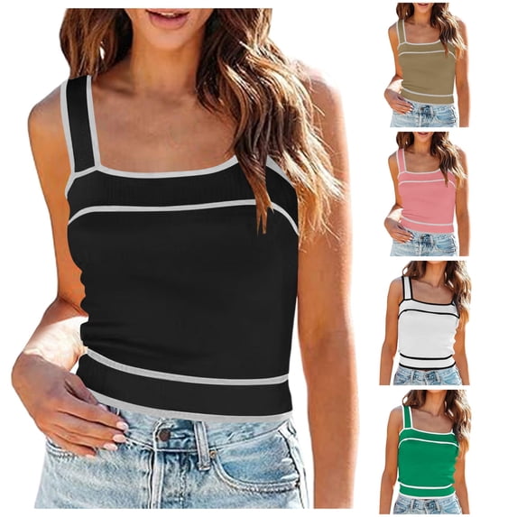 Tanghaowl Tank Tops for Women, Square Neck Knit Crop Tank Tops Slim Color Block Sleeveless Shirt for Women Casual Summer Layering Vest Black1 M