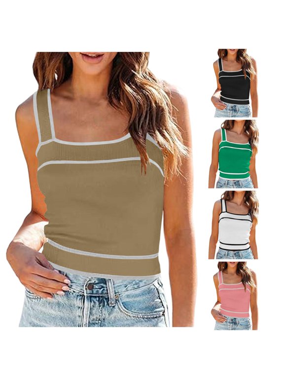 Tank Tops for Women, Square Neck Knit Crop Tank Tops Slim Color Block Sleeveless Shirt for Women Casual Summer Layering Vest Khaki S