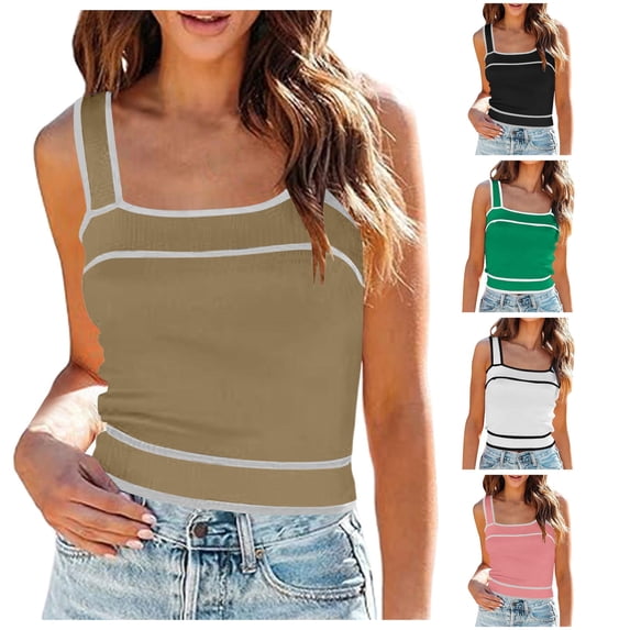 Tanghaowl Tank Tops for Women, Square Neck Knit Crop Tank Tops Slim Color Block Sleeveless Shirt for Women Casual Summer Layering Vest Khaki XL