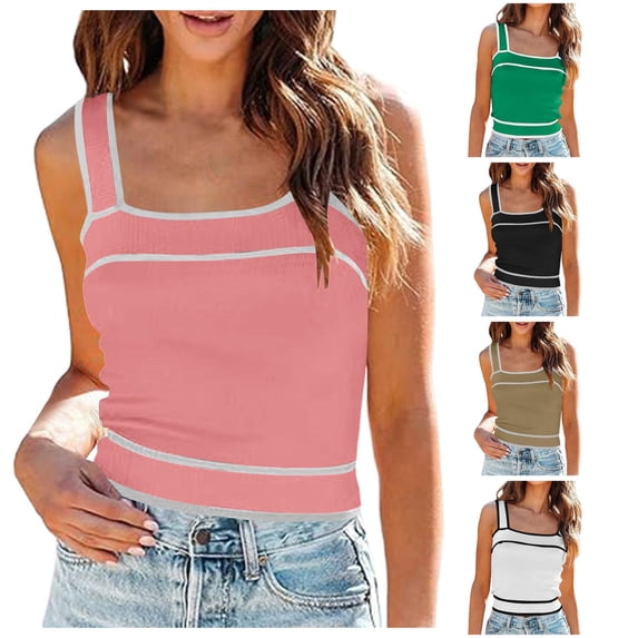 Tanghaowl Tank Tops for Women, Square Neck Knit Crop Tank Tops Slim Color Block Sleeveless Shirt for Women Casual Summer Layering Vest Pink S