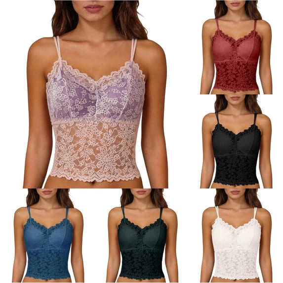 Tanghaowl Tank Tops for Women, Women Lace Backless Camisole Removable Padding Braless Comfort Strap Top For Casual Wear Pink L