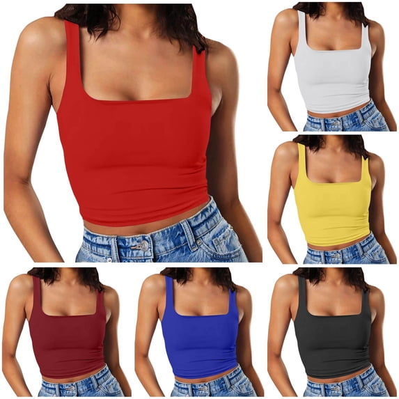 Tanghaowl Tank Tops for Women, Women Sleeveless Square Neck Double Layer Fitness Casual Short Top Vest Red2 S
