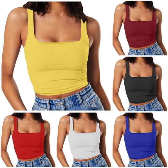 Tanghaowl Tank Tops for Women, Women Sleeveless Square Neck Double Layer Fitness Casual Short Top Vest Yellow M