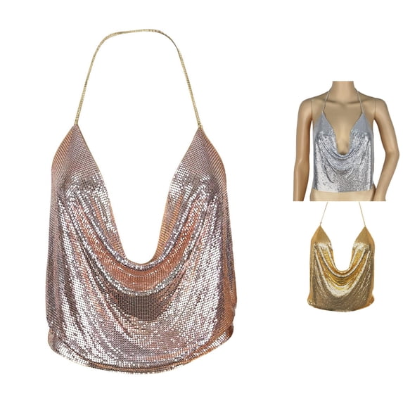 Tanghaowl Tank Tops for Women, Women V-Neck Backless Chain Sequined Tank Vest Sparkly Glitter Party Camisole Top Rose Gold One Size