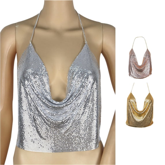 Tanghaowl Tank Tops for Women, Women V-Neck Backless Chain Sequined Tank Vest Sparkly Glitter Party Camisole Top Silver One Size