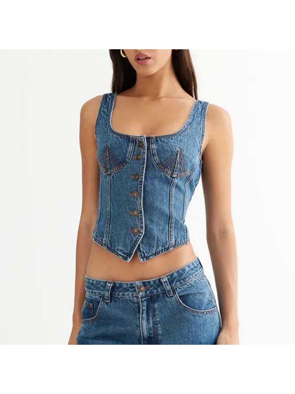 Tank Tops for Women, Women's Cropped Denim Vest Sleeveless Jean Tank Top Low Cut Tight Fit Fashion Casual U-Neck Camisole Blue S