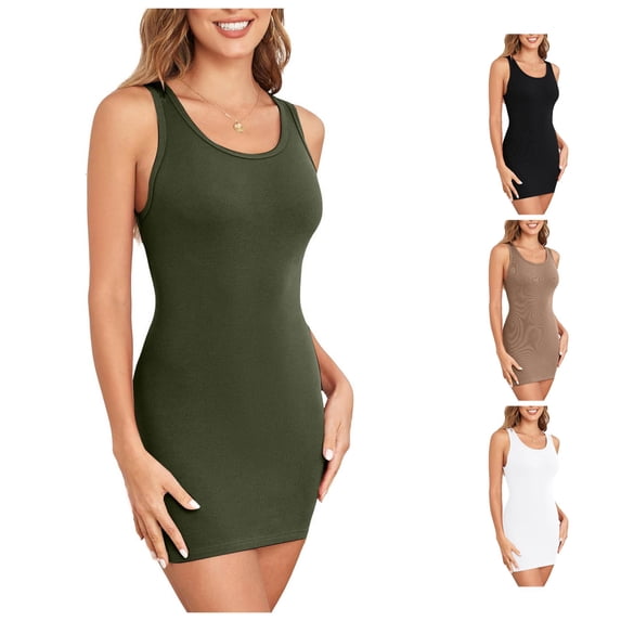 Tanghaowl Tank Tops for Women, Women's Dress Summer Ribbed Crew Neck Sleeveless Basic Bodycon Tank Dress Green M
