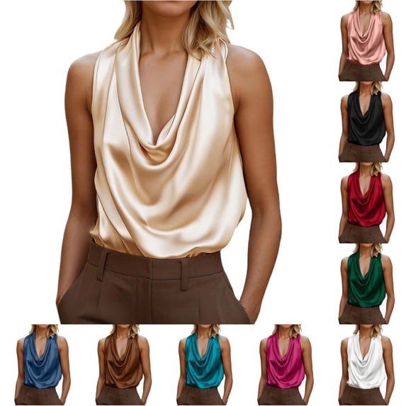 Tanghaowl Tank Tops for Women, Women's Satin Camisole Top Drapey V Neck Sleeveless Blouse With Ruffle Detail Elegant Casual Wear Beige L