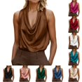 thumbnail image 1 of Tanghaowl Tank Tops for Women, Women's Satin Camisole Top Drapey V Neck Sleeveless Blouse With Ruffle Detail Elegant Casual Wear Coffee L, 1 of 4